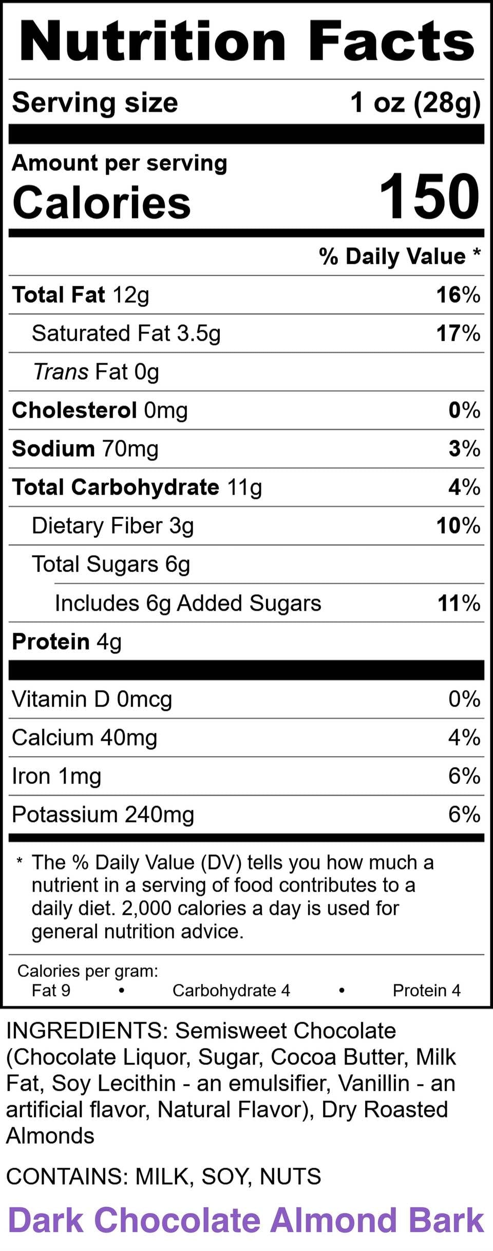 DARK ALMOND BARK:
INGREDIENTS: Semisweet Chocolate (Chocolate Liquor, Sugar, Cocoa Butter, Milk Fat, Soy Lecithin, Vanillin, Natural Flavor), Dry Roasted Almonds CONTAINS: MILK, SOY, NUTS
Li-Lac Chocolates Nutrition Label Almond Bark - Dark Nutrition Facts Servings: 1, Serv. Size: 1 oz (28g), Amount per serving: Calories 150, Total Fat 12g (16% DV), Sat. Fat 3.5g (17% DV), Trans Fat 0g, Cholest. 0mg (0% DV), Sodium 70mg (3% DV), Total Carb. 11g (4% DV), Fiber 3g (10% DV), Total Sugars 6g (Incl. 6g Added Sugars, 11% DV), Protein 4g, Vit. D 0mcg (0% DV), Calcium 40mg (4% DV), Iron 1mg (6% DV), Potas. 240mg (6% DV).