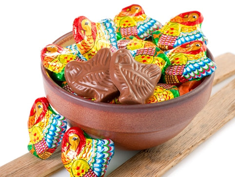 Premium Foiled Chocolate Turkeys in a bowl, they are molded in the shape of turkeys and wrapped in brightly colored Italian foil.