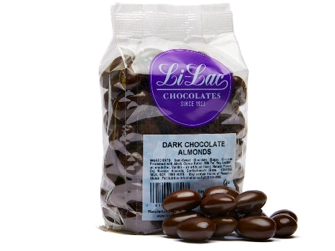 A cellophane bag of Dark Chocolate Almonds.