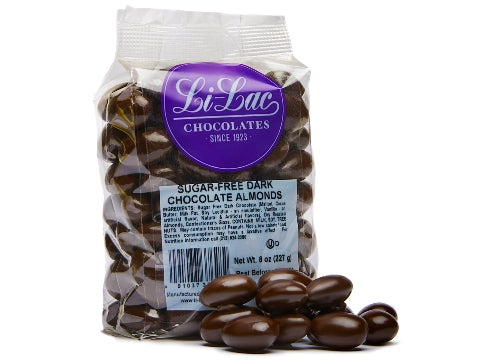 A cellophane bag of Sugar-Free Dark Chocolate Almonds.