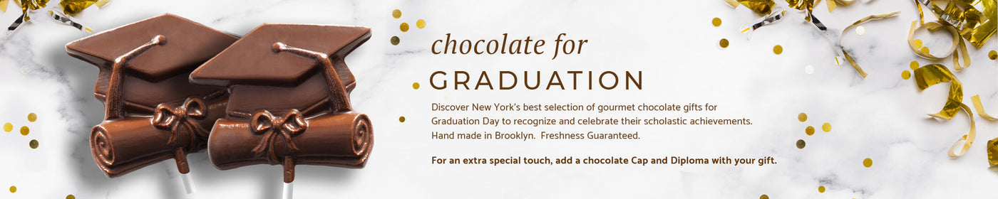 two chocolate graduation caps set against a background of confetti 
