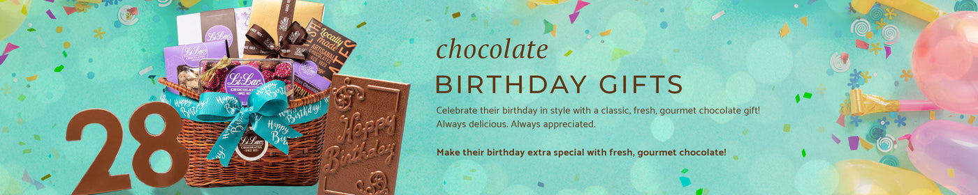 A chocolate basket filled with birthday chocolates including the number 28 and a chocolate happy birthday bar, set on a background of green confetti and streamers that look very festive.