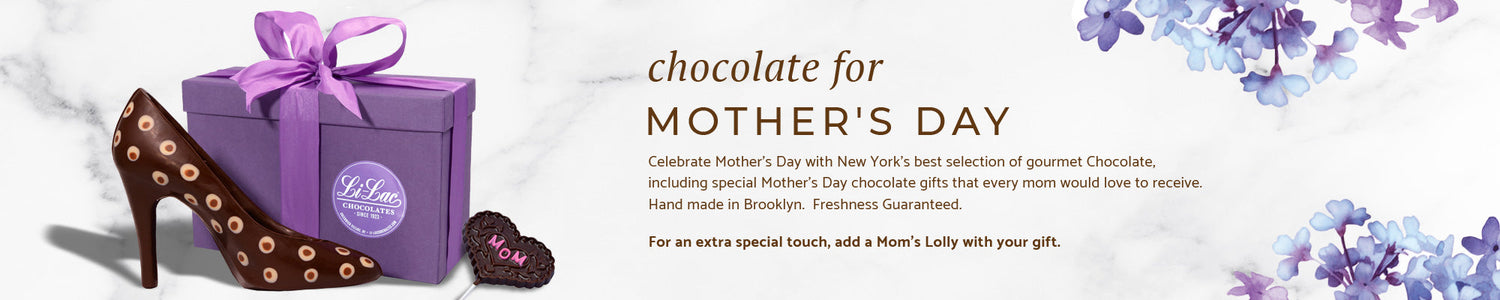 a chocolate high heel and the purple box it come in next to a MOM lolly along with some lilac floral images.