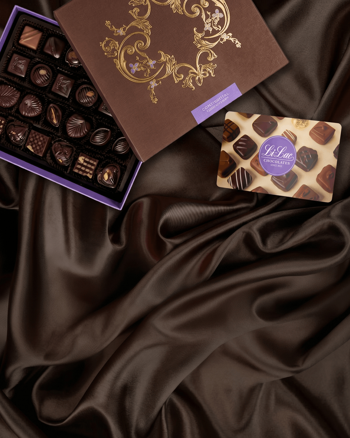 Luxury chocolate assortment in an ornate box on a satin surface