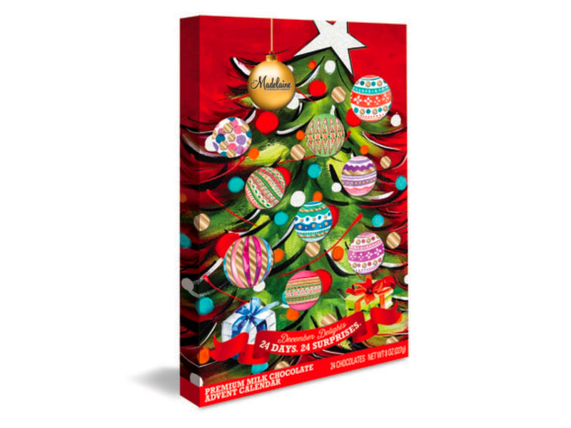 A red box with a beautifully decorated green Christmas Tree image