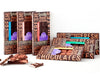 A group of six boxed chocolate bars artfully arranged with a few broken pieces in front
