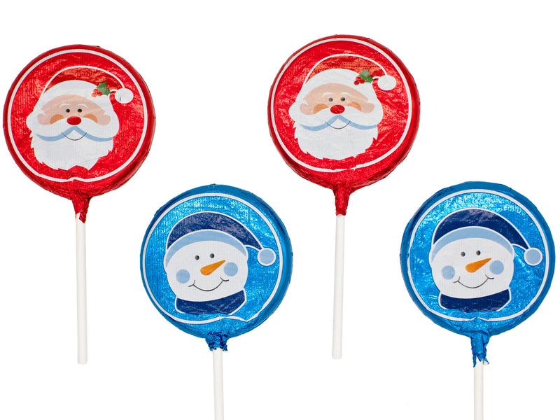 Two red foiled pops with Santa and two blue foiled pops with a Snowman.