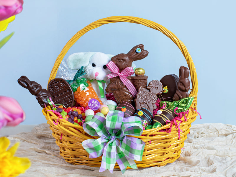 A large Easer basket filled with a great assortment of Easter chocolates and candies.