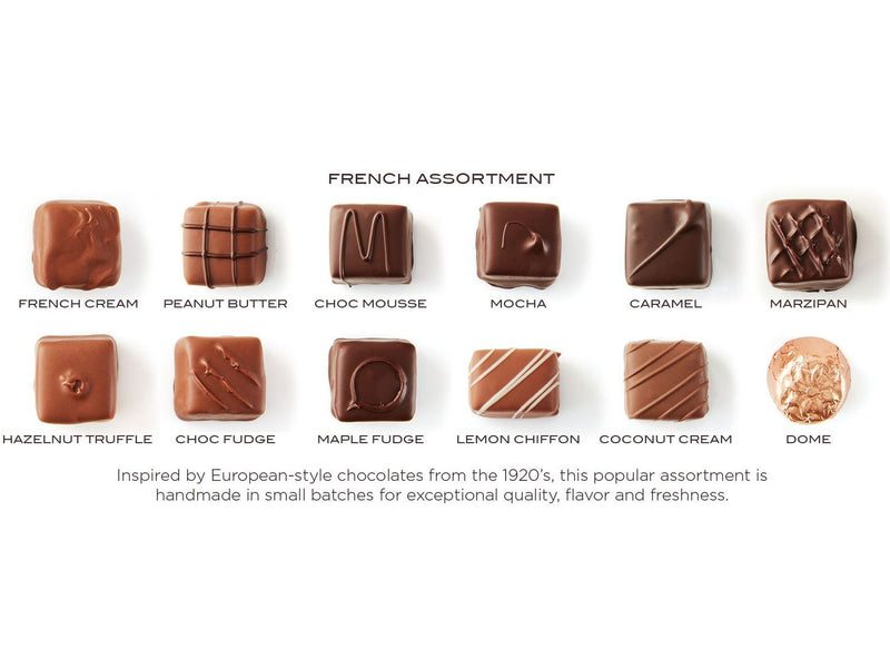 Ten chocolates lined up in two rows with the name/flavor listed below each image.