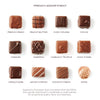 Twelve chocolates lined up in three rows with the name/flavor listed below each image.