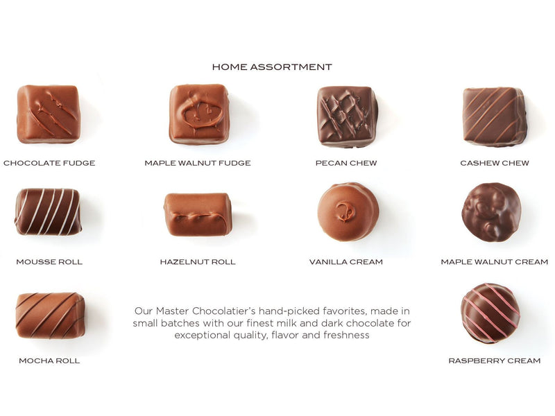 Ten chocolates lined up in three rows with the name/flavor listed below each image.