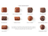 Ten chocolates lined up in three rows with the name/flavor listed below each image.