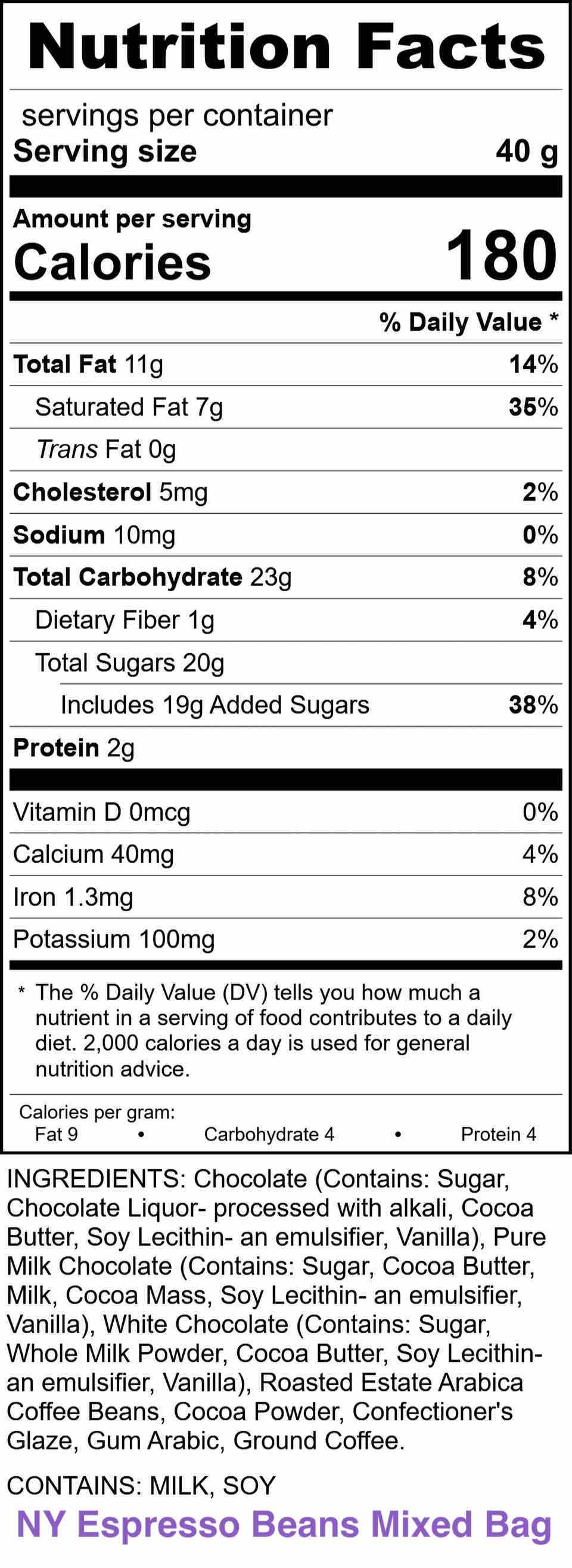 Nutrition Facts - NY Espresso Beans Mixed Bag
Calories 180 
INGREDIENTS: Chocolate (Contains: Sugar, Chocolate Liquor-processed with alkali. Cocoa Butter. Soy Lecithin- an emulsifier, Vanilla), Pure Milk Chocolate (Contains: Sugar, Cocoa Butter Milk, Cocoa Mass, Soy Lecithin- an emulsifier. Vanilla), White Chocolate (Contains: Sugar, Whole Milk Powder, Cocoa Butter, Soy Lecithin an emulsifier, Vanilla), Roasted Estate Arabica Coffee Beans, Cocoa Powder, Confectioner's Glaze, Gum Arabic, Ground Coffee.

CONTAINS: MILK, SOY