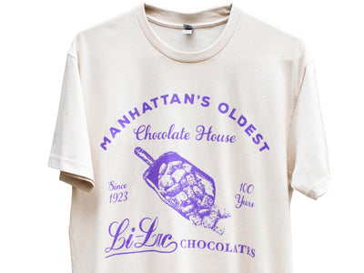 A beige t-shirt with Manhattan's Oldest Chocolate House written across the front