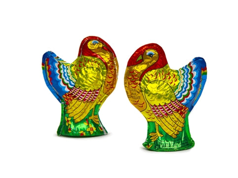 Chocolate molded turkeys are wrapped in Italian foil. The milk chocolate turkeys are wrapped in a yellow, orange, red, blue and green turkey design. the dark chocolate turkey is wrapped in bronze, orange, gold and red turkey deisgn.