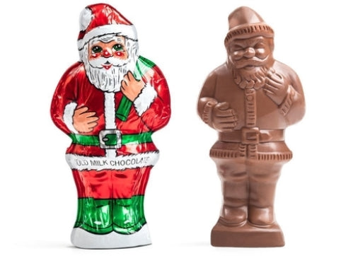 Little chocolate Santas are wrapped in italian foil with details artwork of Santa in bright red, green and white.