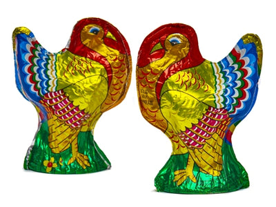 Chocolate molded turkeys are wrapped in Italian foil.  The milk chocolate turkeys are wrapped in a yellow, orange, red, blue and green turkey design. the dark chocolate turkey is wrapped in bronze, orange, gold and red turkey deisgn.