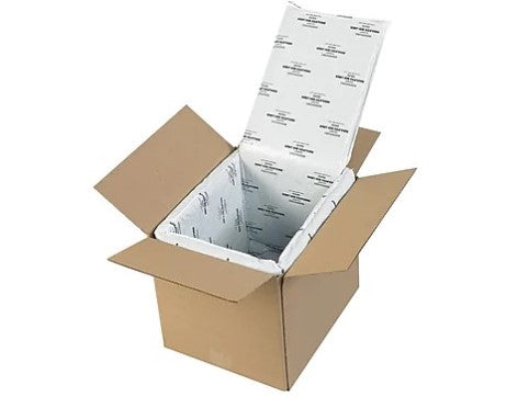 A shipping box is open to show the insulated cold box inside.