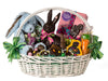 A huge wicker basket is filled with Easter chocolates, candy and a plush toy.