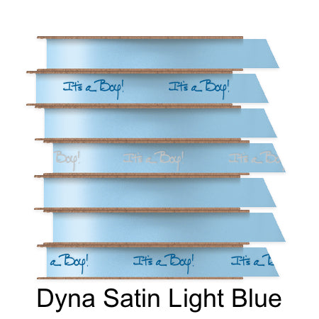 A stack of seven spools of shiny light blue satin ribbon with custom messages printed on them in different colors. 