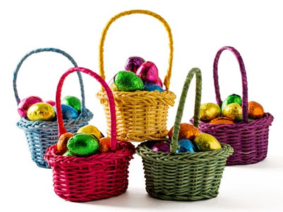 Mini Chocolate Easter Baskets are filled with foil wrapped chocolate eggs.