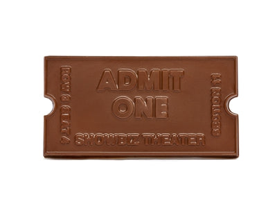 A rectangular chocolate bar molded to look like an 'admit one' ticket.