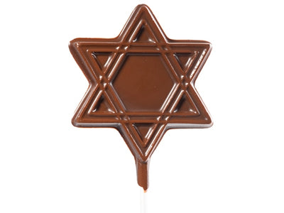 Chocolate molded Star of David is on a lolly stick.