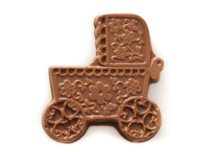 Milk chocolate molded into the shape of a two-dimensional baby carriage. The carriage and wheels have a filagree design molded into the chocolate.