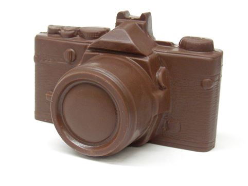A three-dimensional 35mm style camera molded out of chocolate.