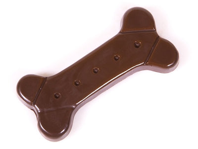 A chocolate molded dog bone, dog treat.