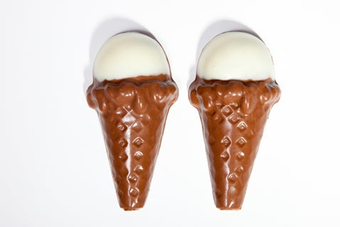 two tiny chocolate molded Ice Cream Cones have white chocolate &