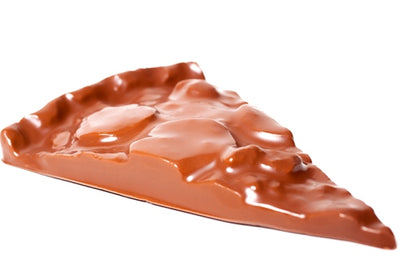 Molded chocolate Pizza Slice has a crust and some toppings.