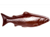 A molded chocolate fish that looks like a bass. The back side is flat and the front is three-dimensional.