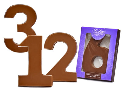 Three-dimensional chocolate molded numbers.
