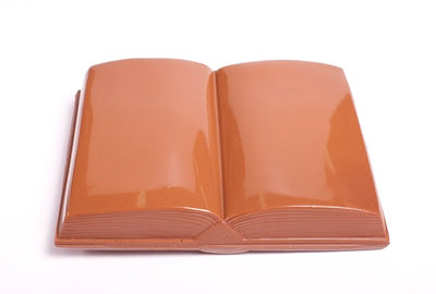 A milk chocolate book molded out of chocolate. The book is open and the pages are smooth.