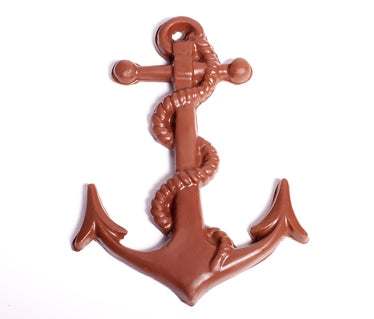 A traditional anchor shape with rigging rope entwined around it made from molded milk chocolate.