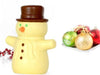 A molded white chocolate Snowman with a milk chocolate hat.
