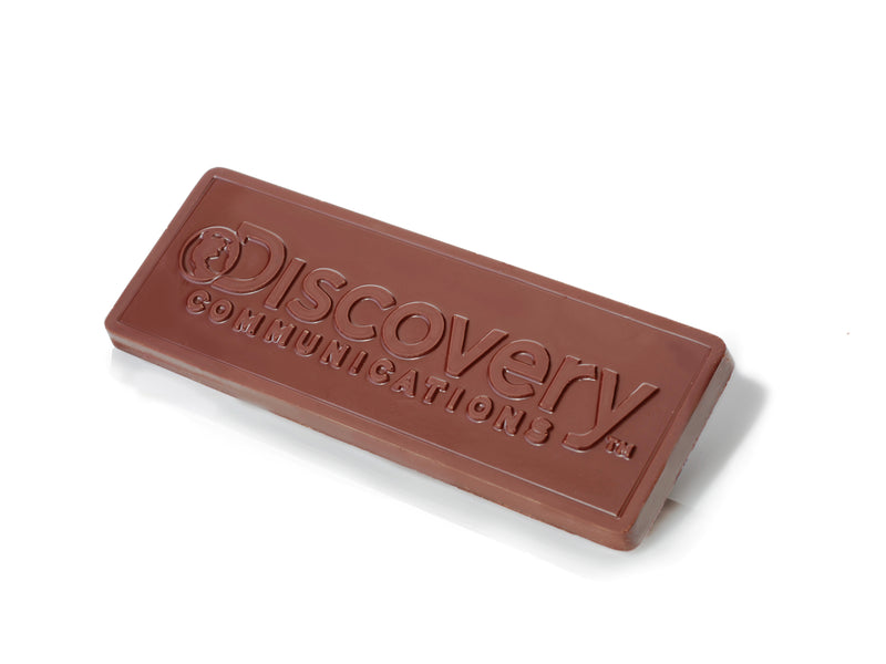An example of the Discovery Communications logo embossed into the chocolate bar.