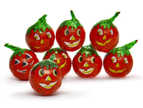 Peanut Butter Filled chocolates are foil wrapped to look like cute vinage jack-o-lanterns.
