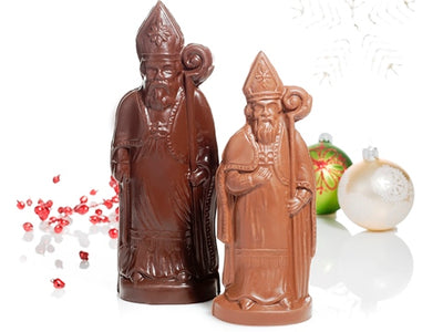 Molded chocolate in the shape of traditional Sinterklaas, complete with tall hat and crook.