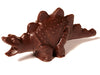 A three-dimensional stegosaurus molded out of chocolate. It has an open mouth plates along its back and tail.