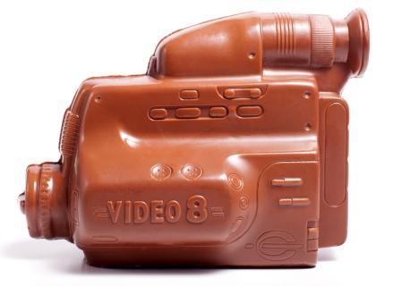 A three-dimensional chocolate molded VHS video camera.